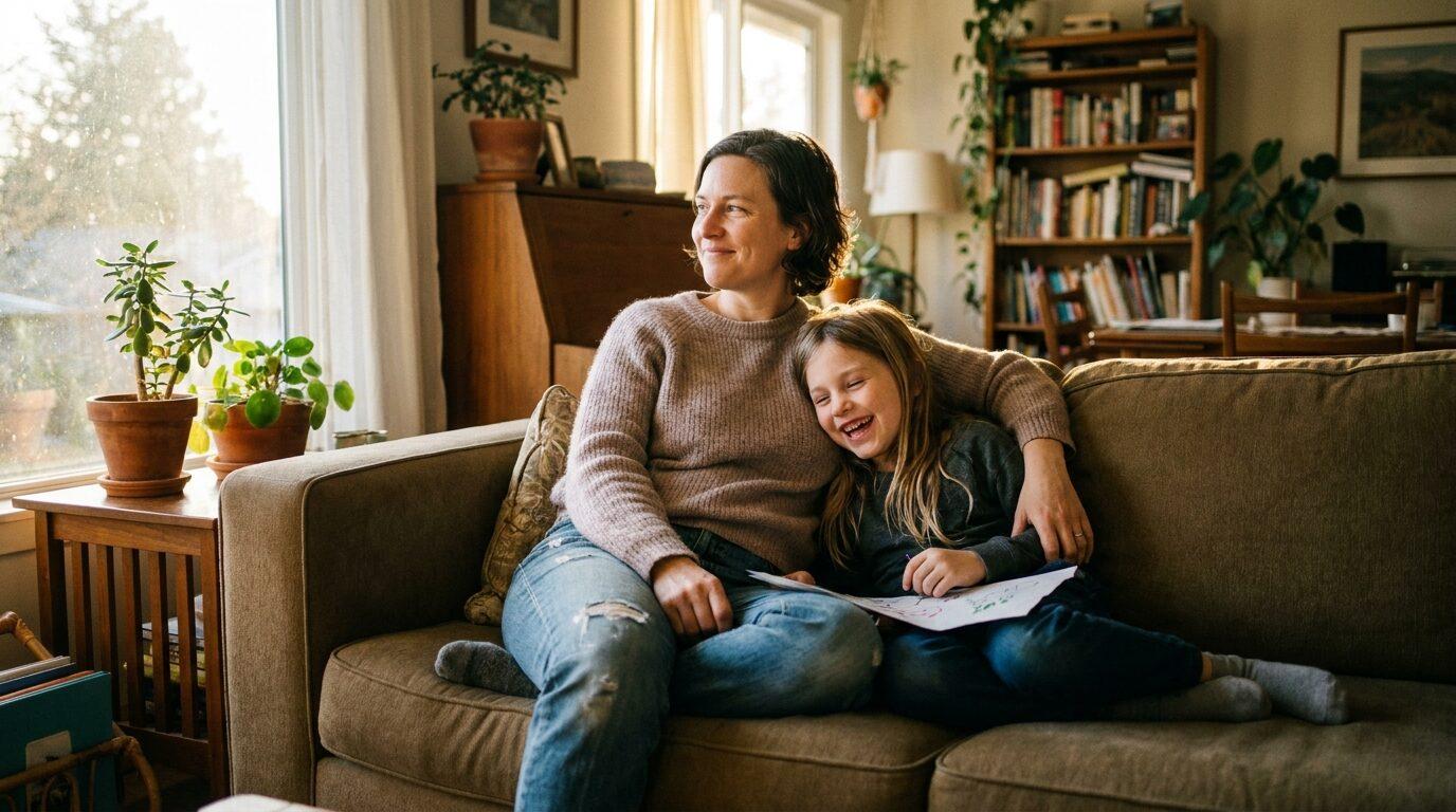 Mutter und Kind lachen geborgen zusammen in hellem Licht
