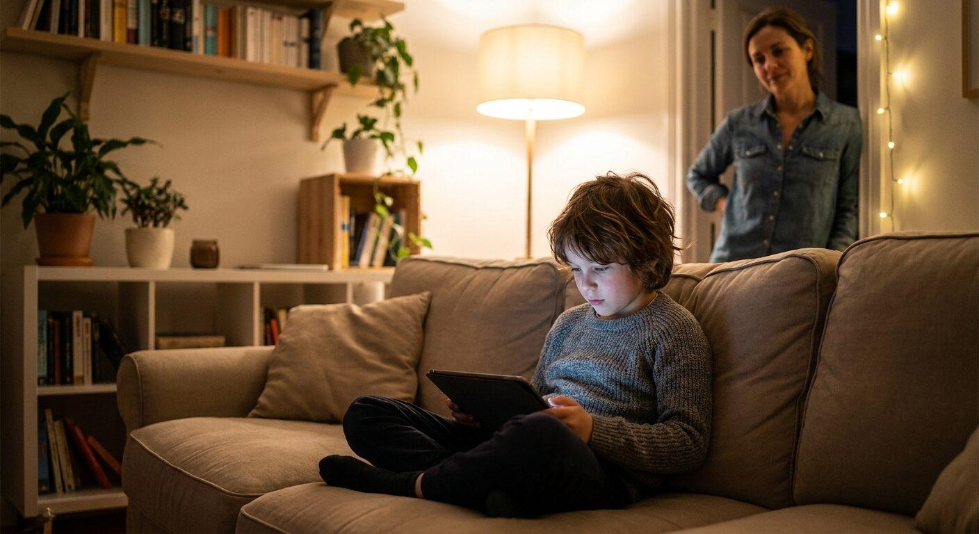 Kind sitzt abends allein am Tablet, ein Elternteil schaut besorgt im Hintergrund
